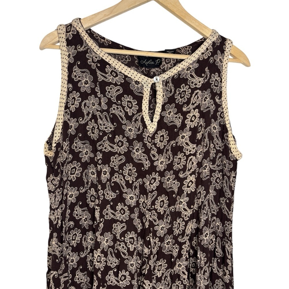 Lola P Boho Maxi Dress XL Brown Cream Floral Paisley Sleeveless Rayon - Picture 2 of 7